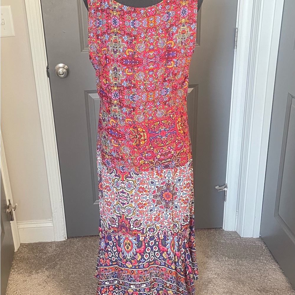 Anthropologie Red and Blue Patterned Maxi Dress Size 12